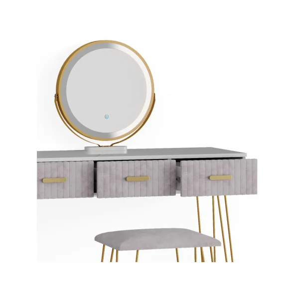 Coiffeuse blanche et grise 3 tiroirs Miroir LED + Tabouret Table manucure Coiffeuse femme