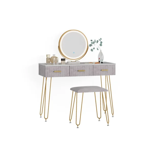 Coiffeuse blanche et grise 3 tiroirs Miroir LED + Tabouret Table manucure Coiffeuse femme