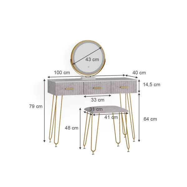 Coiffeuse blanche et grise 3 tiroirs Miroir LED + Tabouret Table manucure Coiffeuse femme
