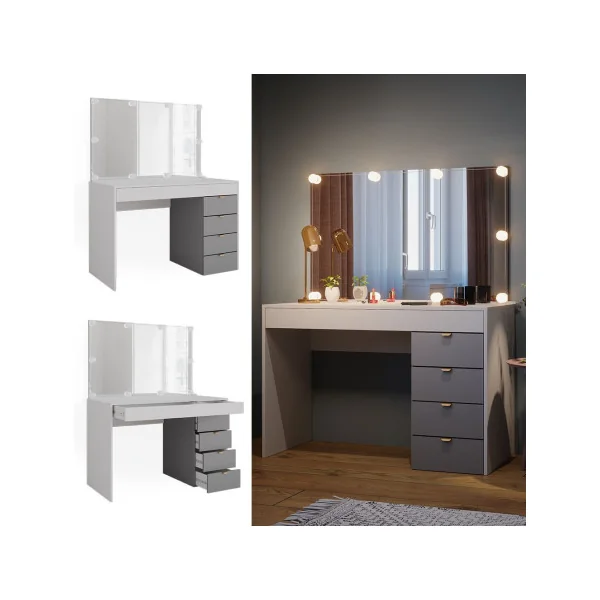 Coiffeuse Blanche et Grise Moderne 5 Tiroirs + LED Table Maquillage Coiffeuse femme Coiffeuse chambre