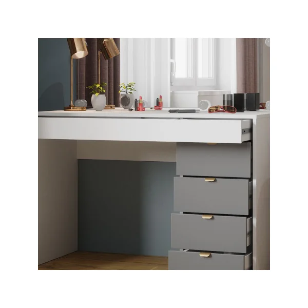 Coiffeuse Blanche et Grise Moderne 5 Tiroirs + LED Table Maquillage Coiffeuse femme Coiffeuse chambre