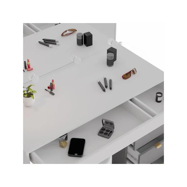 Coiffeuse Blanche et Grise Moderne 5 Tiroirs + LED Table Maquillage Coiffeuse femme Coiffeuse chambre