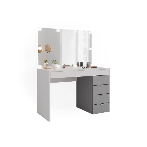 Coiffeuse Blanche et Grise Moderne 5 Tiroirs + LED Table Maquillage Coiffeuse femme Coiffeuse chambre
