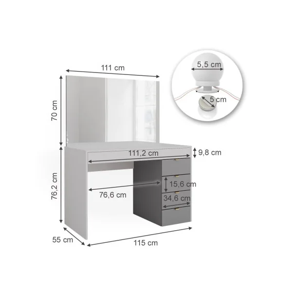Coiffeuse Blanche et Grise Moderne 5 Tiroirs + LED Table Maquillage Coiffeuse femme Coiffeuse chambre