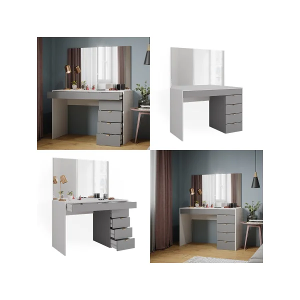 Coiffeuse Blanche et Grise Moderne 5 Tiroirs Table Maquillage Coiffeuse femme Coiffeuse chambre
