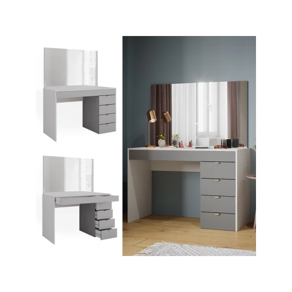 Coiffeuse Blanche et Grise Moderne 5 Tiroirs Table Maquillage Coiffeuse femme Coiffeuse chambre