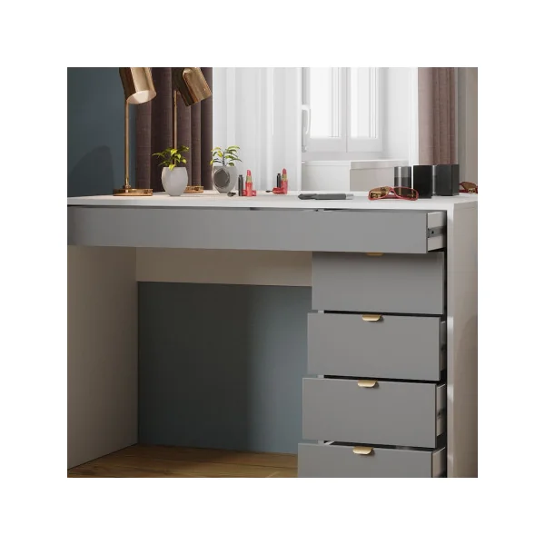 Coiffeuse Blanche et Grise Moderne 5 Tiroirs Table Maquillage Coiffeuse femme Coiffeuse chambre