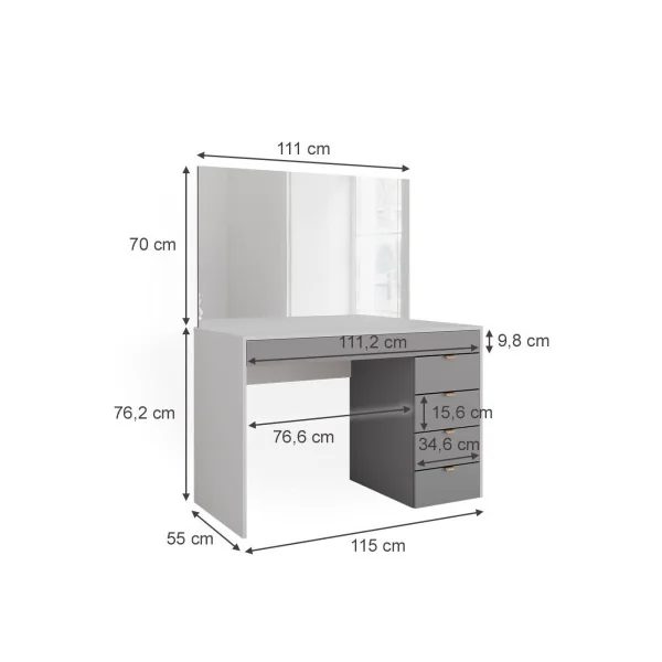 Coiffeuse Blanche et Grise Moderne 5 Tiroirs Table Maquillage Coiffeuse femme Coiffeuse chambre