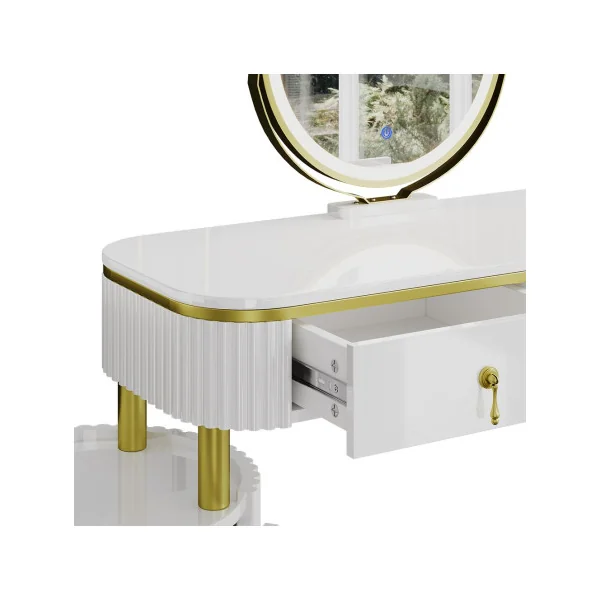 Coiffeuse blanche et or 2 tiroirs Miroir LED Table manucure Coiffeuse femme élégante
