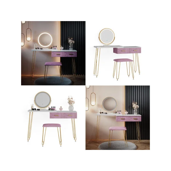 Coiffeuse blanche et rose 2 tiroirs Miroir LED + Tabouret Table manucure Coiffeuse femme