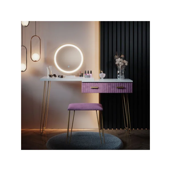 Coiffeuse blanche et rose 2 tiroirs Miroir LED + Tabouret Table manucure Coiffeuse femme