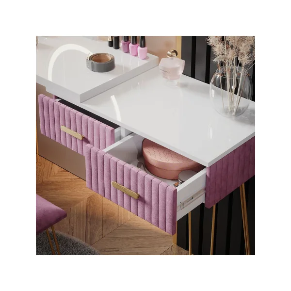 Coiffeuse blanche et rose 2 tiroirs Miroir LED + Tabouret Table manucure Coiffeuse femme