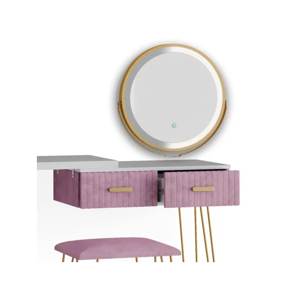 Coiffeuse blanche et rose 2 tiroirs Miroir LED + Tabouret Table manucure Coiffeuse femme