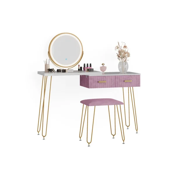 Coiffeuse blanche et rose 2 tiroirs Miroir LED + Tabouret Table manucure Coiffeuse femme
