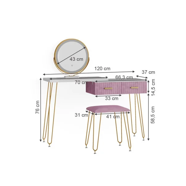 Coiffeuse blanche et rose 2 tiroirs Miroir LED + Tabouret Table manucure Coiffeuse femme