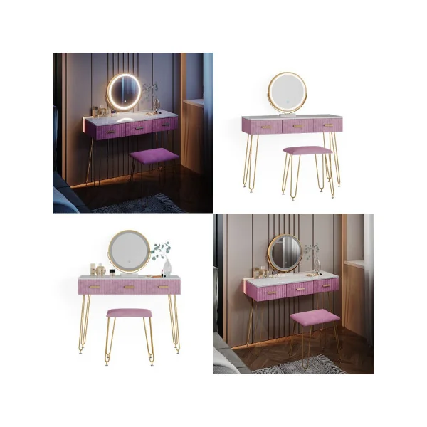 Coiffeuse blanche et rose 3 tiroirs Miroir LED + Tabouret Table manucure Coiffeuse femme