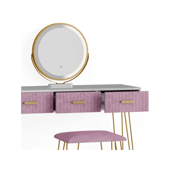 Coiffeuse blanche et rose 3 tiroirs Miroir LED + Tabouret Table manucure Coiffeuse femme