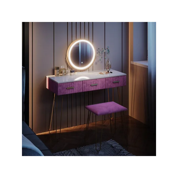 Coiffeuse blanche et rose 3 tiroirs Miroir LED + Tabouret Table manucure Coiffeuse femme