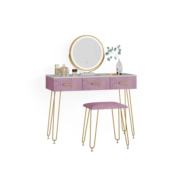 Coiffeuse blanche et rose 3 tiroirs Miroir LED + Tabouret Table manucure Coiffeuse femme