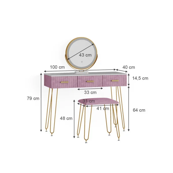 Coiffeuse blanche et rose 3 tiroirs Miroir LED + Tabouret Table manucure Coiffeuse femme