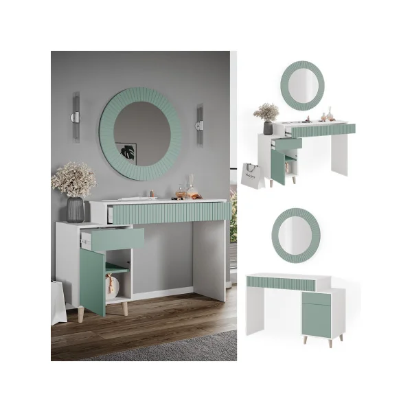 Coiffeuse blanche et vert menthe Coiffeuse moderne Coiffeuse maquillage Coiffeuse femme Table manucure