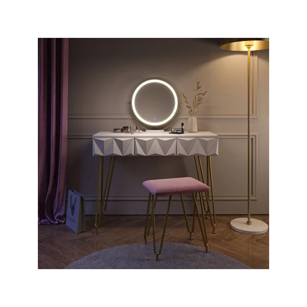 Coiffeuse blanche moderne 3 tiroirs Miroir LED + Tabouret rose Table manucure Coiffeuse femme