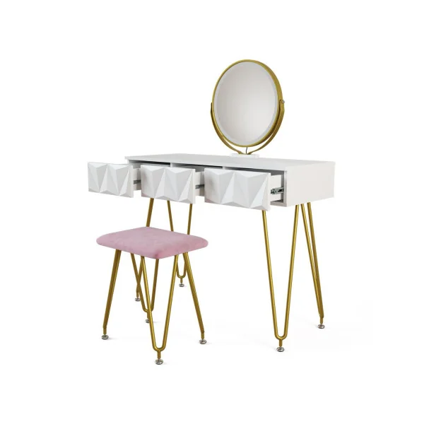 Coiffeuse blanche moderne 3 tiroirs Miroir LED + Tabouret rose Table manucure Coiffeuse femme