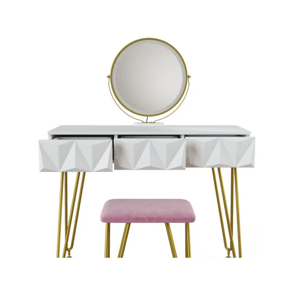 Coiffeuse blanche moderne 3 tiroirs Miroir LED + Tabouret rose Table manucure Coiffeuse femme