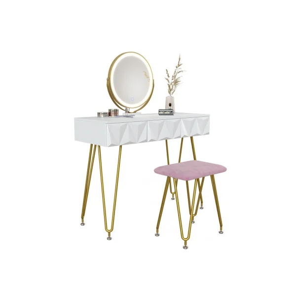 Coiffeuse blanche moderne 3 tiroirs Miroir LED + Tabouret rose Table manucure Coiffeuse femme