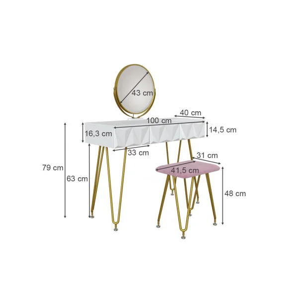 Coiffeuse blanche moderne 3 tiroirs Miroir LED + Tabouret rose Table manucure Coiffeuse femme