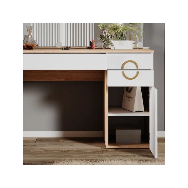 Coiffeuse Chêne et Blanc 3 Tiroirs + Miroir + LED Table Maquillage Moderne avec Rangements