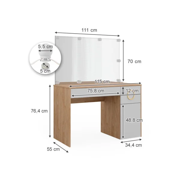 Coiffeuse Chêne et Blanc 3 Tiroirs + Miroir + LED Table Maquillage Moderne avec Rangements