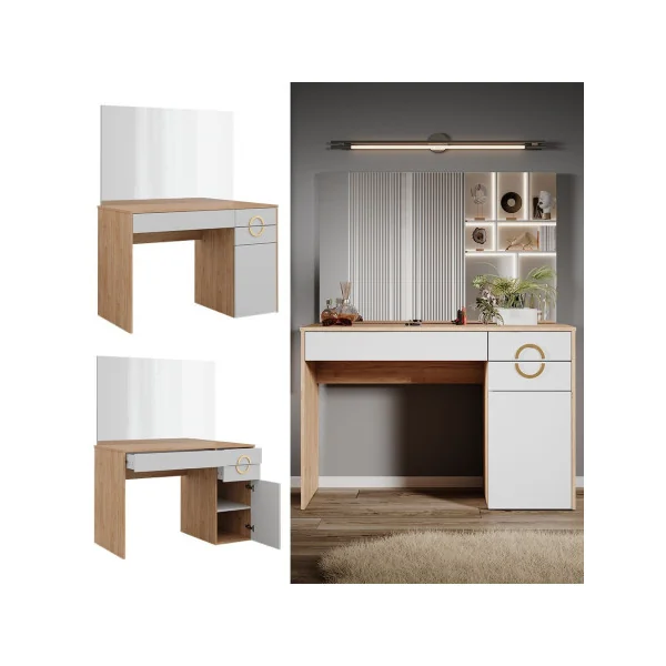 Coiffeuse Chêne et Blanc 3 Tiroirs + Miroir Table Maquillage Moderne avec Rangements