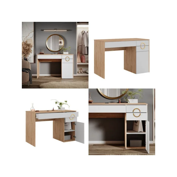 Coiffeuse Chêne et Blanc 3 Tiroirs Table Maquillage Moderne avec Rangements