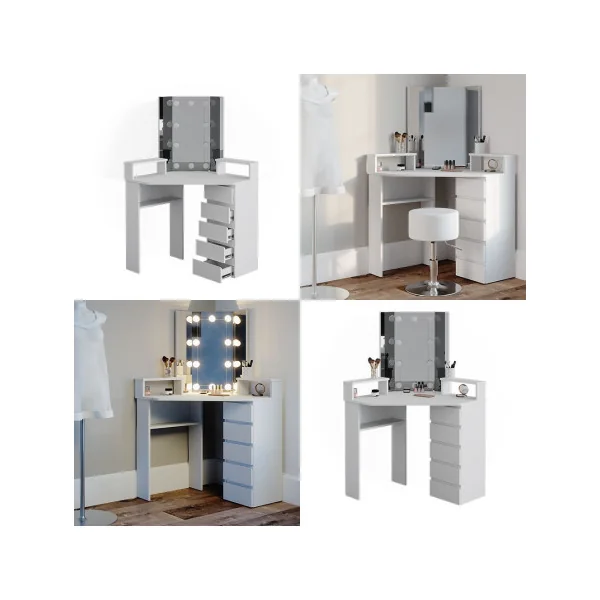 Coiffeuse d'angle blanche 6 tiroirs + LED Coiffeuse moderne Coiffeuse maquillage Coiffeuse femme Coiffeuse chambre