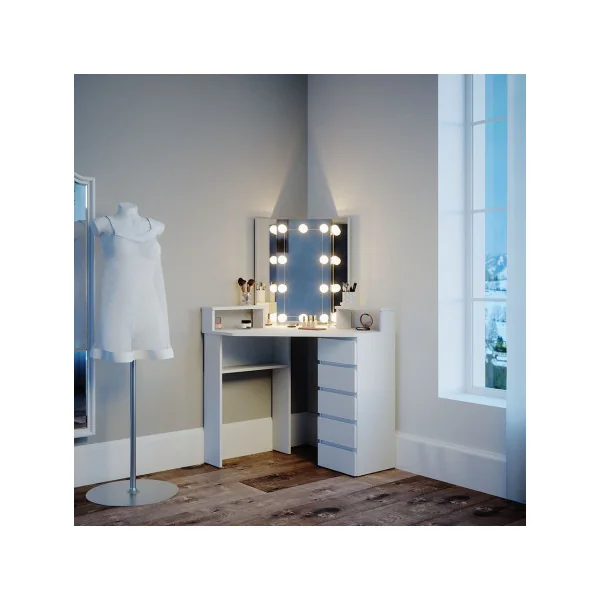 Coiffeuse d'angle blanche 6 tiroirs + LED Coiffeuse moderne Coiffeuse maquillage Coiffeuse femme Coiffeuse chambre