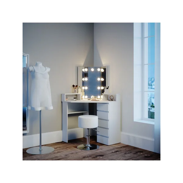 Coiffeuse d'angle blanche 6 tiroirs + LED + Tabouret Coiffeuse moderne Coiffeuse maquillage Coiffeuse femme Coiffeuse chambre