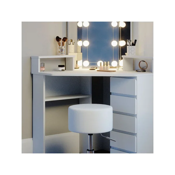 Coiffeuse d'angle blanche 6 tiroirs + LED + Tabouret Coiffeuse moderne Coiffeuse maquillage Coiffeuse femme Coiffeuse chambre