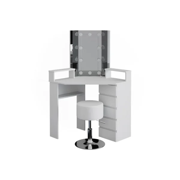 Coiffeuse d'angle blanche 6 tiroirs + LED + Tabouret Coiffeuse moderne Coiffeuse maquillage Coiffeuse femme Coiffeuse chambre