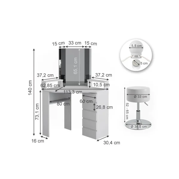 Coiffeuse d'angle blanche 6 tiroirs + LED + Tabouret Coiffeuse moderne Coiffeuse maquillage Coiffeuse femme Coiffeuse chambre