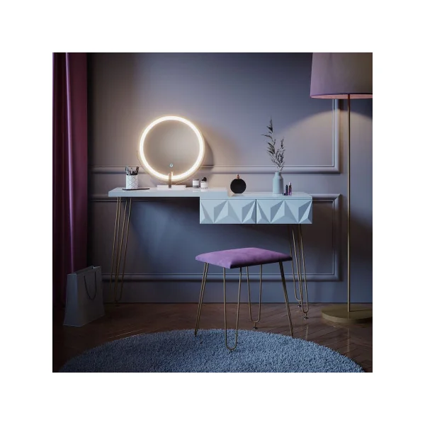 Coiffeuse design blanc brillant 2 tiroirs Miroir LED + Tabouret Table manucure Coiffeuse femme élégante