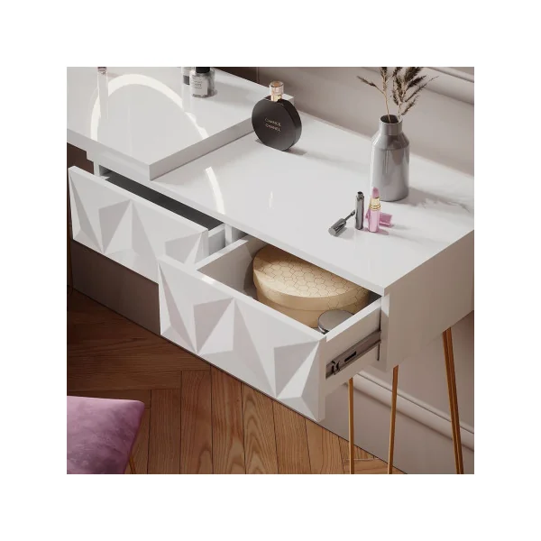 Coiffeuse design blanc brillant 2 tiroirs Miroir LED + Tabouret Table manucure Coiffeuse femme élégante