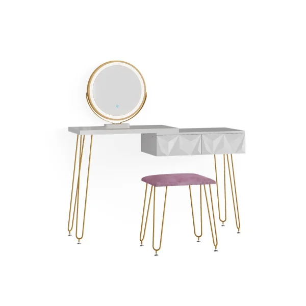 Coiffeuse design blanc brillant 2 tiroirs Miroir LED + Tabouret Table manucure Coiffeuse femme élégante