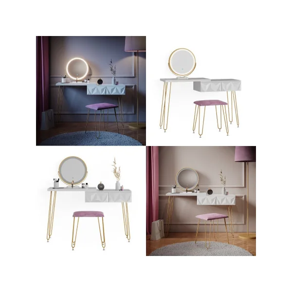 Coiffeuse design blanc brillant 2 tiroirs Miroir LED + Tabouret Table manucure Coiffeuse femme élégante