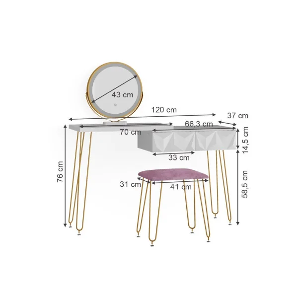 Coiffeuse design blanc brillant 2 tiroirs Miroir LED + Tabouret Table manucure Coiffeuse femme élégante