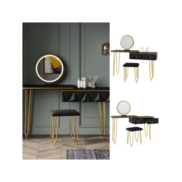 Coiffeuse design noir brillant 2 tiroirs Miroir LED + Tabouret Table manucure Coiffeuse femme élégante