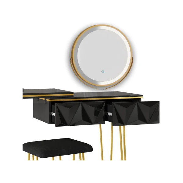 Coiffeuse design noir brillant 2 tiroirs Miroir LED + Tabouret Table manucure Coiffeuse femme élégante