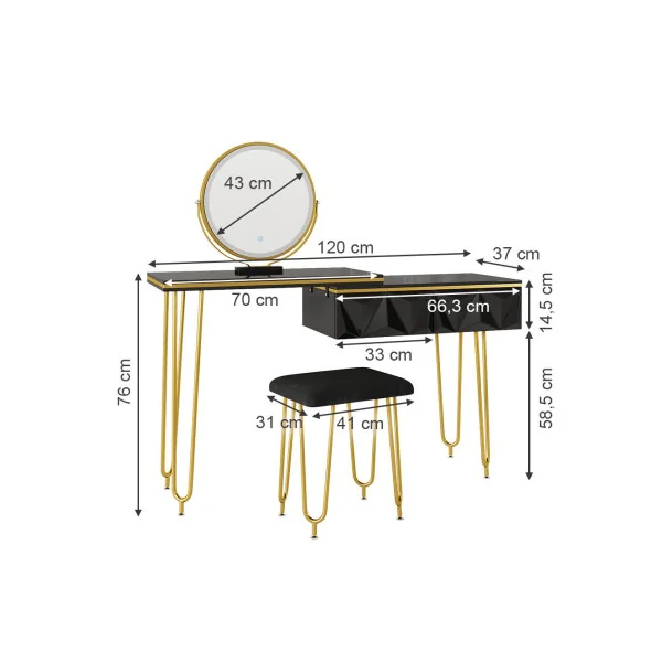 Coiffeuse design noir brillant 2 tiroirs Miroir LED + Tabouret Table manucure Coiffeuse femme élégante