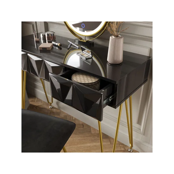 Coiffeuse design noir brillant 3 tiroirs Miroir LED + Tabouret Table manucure Coiffeuse femme élégante