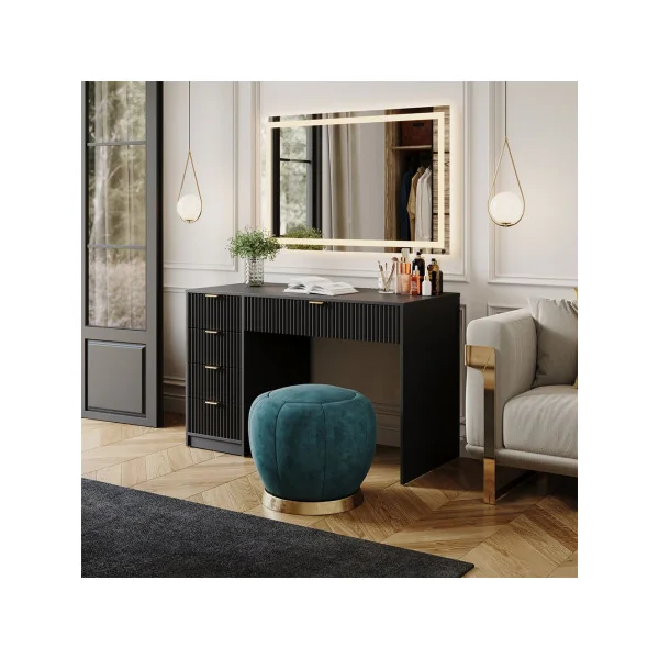 Coiffeuse Design Noir Graphique 5 Tiroirs + Miroir LED Table Maquillage Moderne Noir et Or